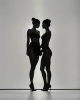 ai gegenereerd silhouet van drie Dames in zwart en wit jurken, studio schot. ai generatief foto