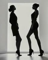 ai gegenereerd silhouet van drie Dames in zwart en wit jurken, studio schot. ai generatief foto