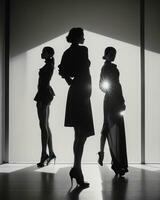 ai gegenereerd silhouet van drie Dames in zwart en wit jurken, studio schot. ai generatief foto