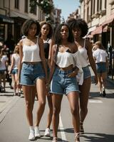 ai gegenereerd groep van jong mooi Afrikaanse Amerikaans Dames in jeans shorts wandelen in de stad. ai generatief foto