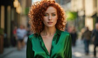 ai gegenereerd mooi jong vrouw met rood gekruld haar- in een groen jurk in de stad Bij nacht. ai generatief foto