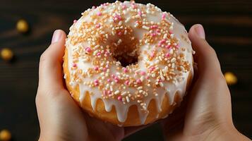 ai gegenereerd jong vrouw hand- voorbereidingen treffen donut met room en snoep foto