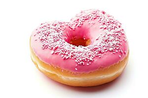 ai gegenereerd roze donut in de vorm van een hart geïsoleerd Aan een wit achtergrond. foto