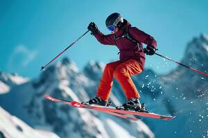ai gegenereerd skiër skiën bergafwaarts in hoog bergen. foto