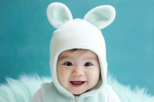 ai gegenereerd schattig Aziatisch baby vervelend konijn kostuum Aan blauw achtergrond. foto