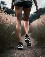 ai gegenereerd atletisch jong vrouw rennen in een veld- Bij zonsondergang. ai generatief foto