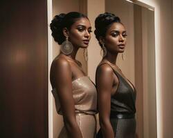 ai gegenereerd mooi Afrikaanse Amerikaans Dames in avond jurken poseren in studio. ai generatief foto