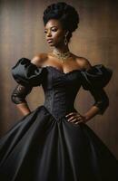 ai gegenereerd mooi Afrikaanse Amerikaans vrouw vervelend zwart jurk en sieraden. ai generatief. ai generatief foto