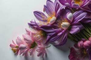 ai gegenereerd boeket van roze krokus en chrysant bloemen. generatief ai foto