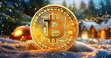 goud bitcoin tegen een achtergrond van sneeuw en Kerstmis boom en bokeh. foto