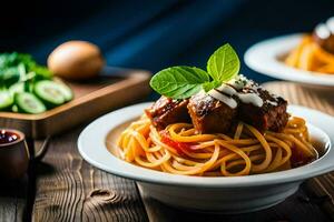 ai gegenereerd spaghetti met gehaktballen en saus in een wit kom foto