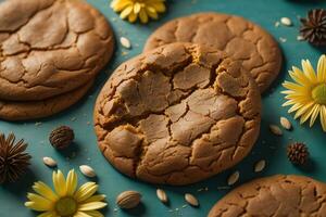 ai gegenereerd chocola spaander koekjes Aan oranje achtergrond. dichtbij omhoog. selectief focus. ai generatief foto