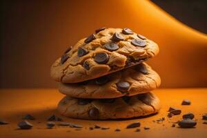 ai gegenereerd chocola spaander koekjes Aan oranje achtergrond. dichtbij omhoog. selectief focus. ai generatief foto