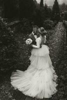 volledige lengte portret van de bruid en bruidegom in de tuin in de buurt hoog bomen. bruiloft wandelen in de tuin. zwart en wit foto