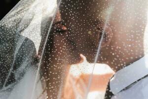 bruiloft portret. de bruid en bruidegom gedekt zich met een sluier, omhelsd en gekust teder. vakantie concept. transparant sluier. stralen van de zon. foto
