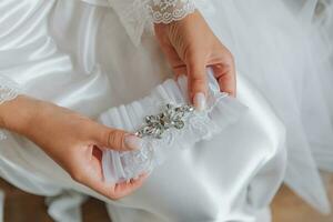 de bruid houdt in haar handen haar wit kousenband versierd met kunstmatig kostbaar stenen. dichtbij omhoog foto