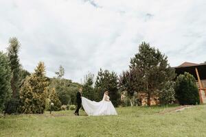 modieus bruidegom en schattig bruid in wit jurk met kroon hebben pret in park, tuin, Woud buitenshuis. bruiloft fotografie, wijde hoek foto