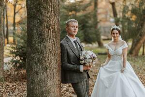 portret van de bruid en bruidegom in natuur, een mooi paar in liefde. herfst boom bladeren. de pasgetrouwden zijn wandelen in de herfst park foto