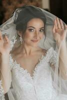 detailopname schot van een elegant brunette bruid in een wit jurk poseren onder een sluier detailopname. bruid portret, professioneel bruiloft bedenken en kapsel, bruids mode. mooi bruid in een sluier foto