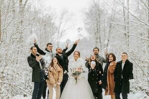 gelukkig pasgetrouwden en hun vrienden in winter jassen staan in een met sneeuw bedekt Woud en Gooi sneeuw met hun handen foto