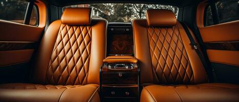 ai gegenereerd luxe auto interieur met bruinen leer stoelen, klassiek elegantie. ai generatief. foto