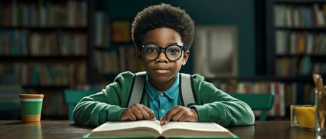 ai gegenereerd jong jongen in bril verdiept in een boek Bij een bibliotheek. ai generatief. foto