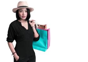 vrouw met boodschappentas op witte achtergrond foto
