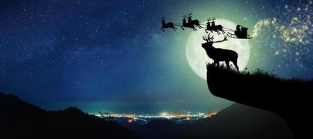 silhouet van rendieren die op de klif staan om de kerstman 's nachts op hun rendieren over de volle maan te zien vliegen.