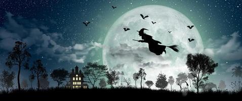 Halloween-silhouet van heks die over de volle maan vliegt.