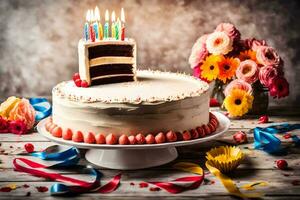 ai gegenereerd verjaardag taart met kaarsen Aan top foto