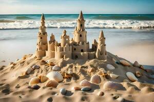 ai gegenereerd zand kasteel Aan de strand foto