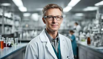 ai gegenereerd een Mens in een laboratorium jas staand in voorkant van een laboratorium foto