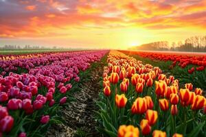 ai gegenereerd ongelooflijk mooi voorjaar landschap met rijen van tulpen in de Holland Bij zonsopkomst. generatief ai. foto