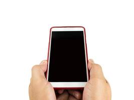 hand met slimme telefoon geïsoleerd op een witte achtergrond met uitknippad foto