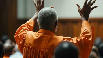 ai gegenereerd Afrikaanse Amerikaans Mens in rechtbank vervelend oranje pak foto