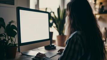 ai gegenereerd over- schouder schot van een jong vrouw gebruik makend van computer in voorkant van een blanco wit computer scherm in huis foto