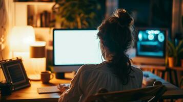 ai gegenereerd over- schouder schot van een jong vrouw gebruik makend van computer in voorkant van een blanco wit computer scherm in huis foto