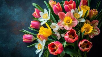 ai gegenereerd bloeiend tulpen, narcissen, en Pasen lelies in een levendig lente arrangement foto