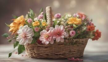 ai gegenereerd een mand met bloemen Aan een houten tafel foto