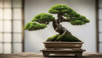 ai gegenereerd bonsai boom in een pot Aan een tafel foto