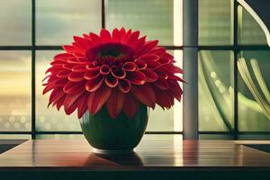 ai gegenereerd een rood bloem in een vaas Aan een tafel in voorkant van een venster foto