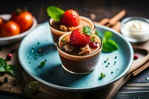 twee chocola desserts met aardbeien en noten Aan een bord. ai-gegenereerd foto