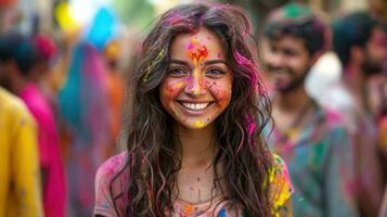 ai gegenereerd bonding over- kleuren, gelach, en gedeeld momenten in een holi viering foto