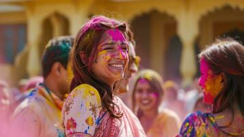 ai gegenereerd familie, vrienden, en levendig kleuren komen samen in een vreugdevol holi bijeenkomst foto