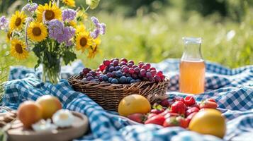 ai gegenereerd katoenen stof dekens, vers fruit, en zonneschijn oproepen een verrukkelijk voorjaar picknick foto