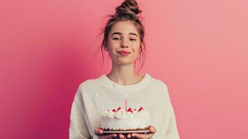 ai gegenereerd gelukkig verjaardag weinig meisje met verjaardag taart tegen levendig minimalistische achtergrond foto