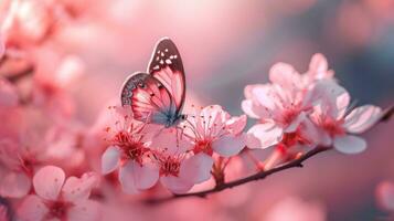 ai gegenereerd roze bloemblaadjes, vlinders, en bloeiend bomen creëren een lente betovering foto