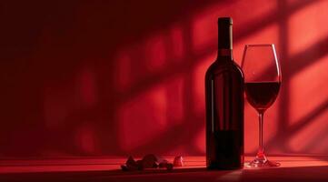 ai gegenereerd rood wijn fles en glas van rood wijn Aan een rood achtergrond foto