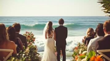 ai gegenereerd kust bruiloft gelukzaligheid, golven crashen net zo een pittoreske backdrop naar een onvergetelijk ceremonie foto