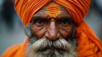 ai gegenereerd een ouderen Mens met een tulband in oranje, symboliseert wijsheid en traditie. generatief ai foto